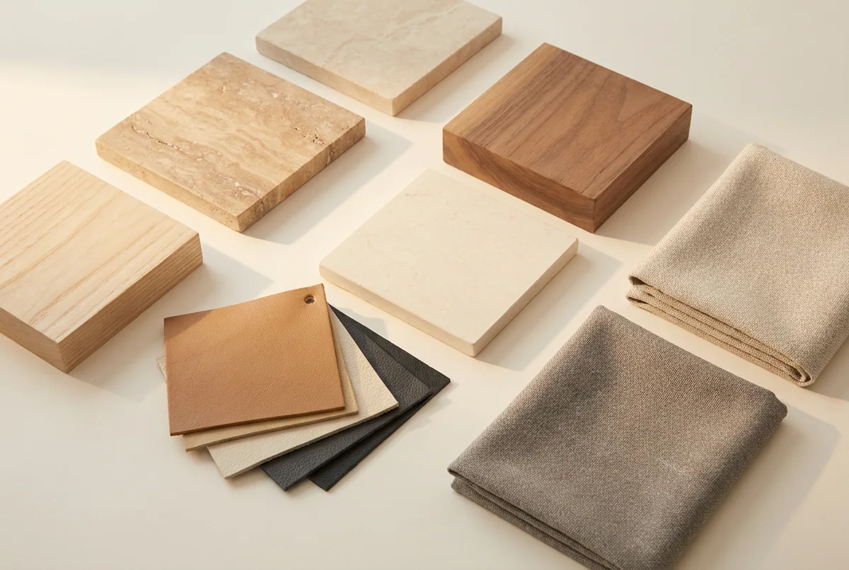 Wood blocks, stone tiles, leather swatches and folded fabrics laid out together on a pale surface.
