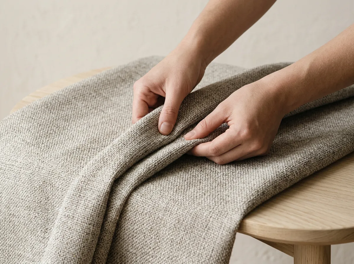 Two hands pressing into a fold of woven upholstery, feeling the weight and texture of the weave.