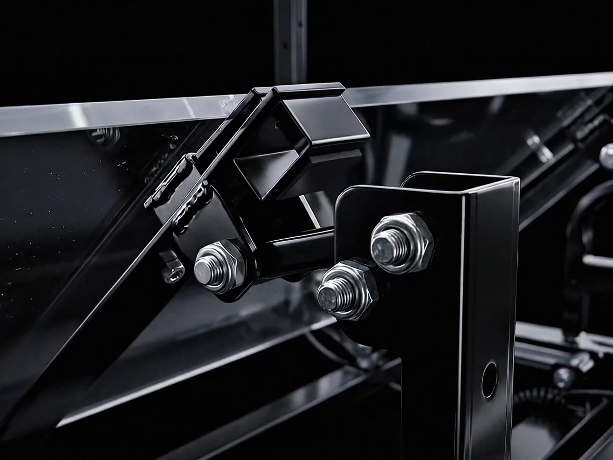 Close detail of a bolted steel bracket and hinge on the sofa frame.