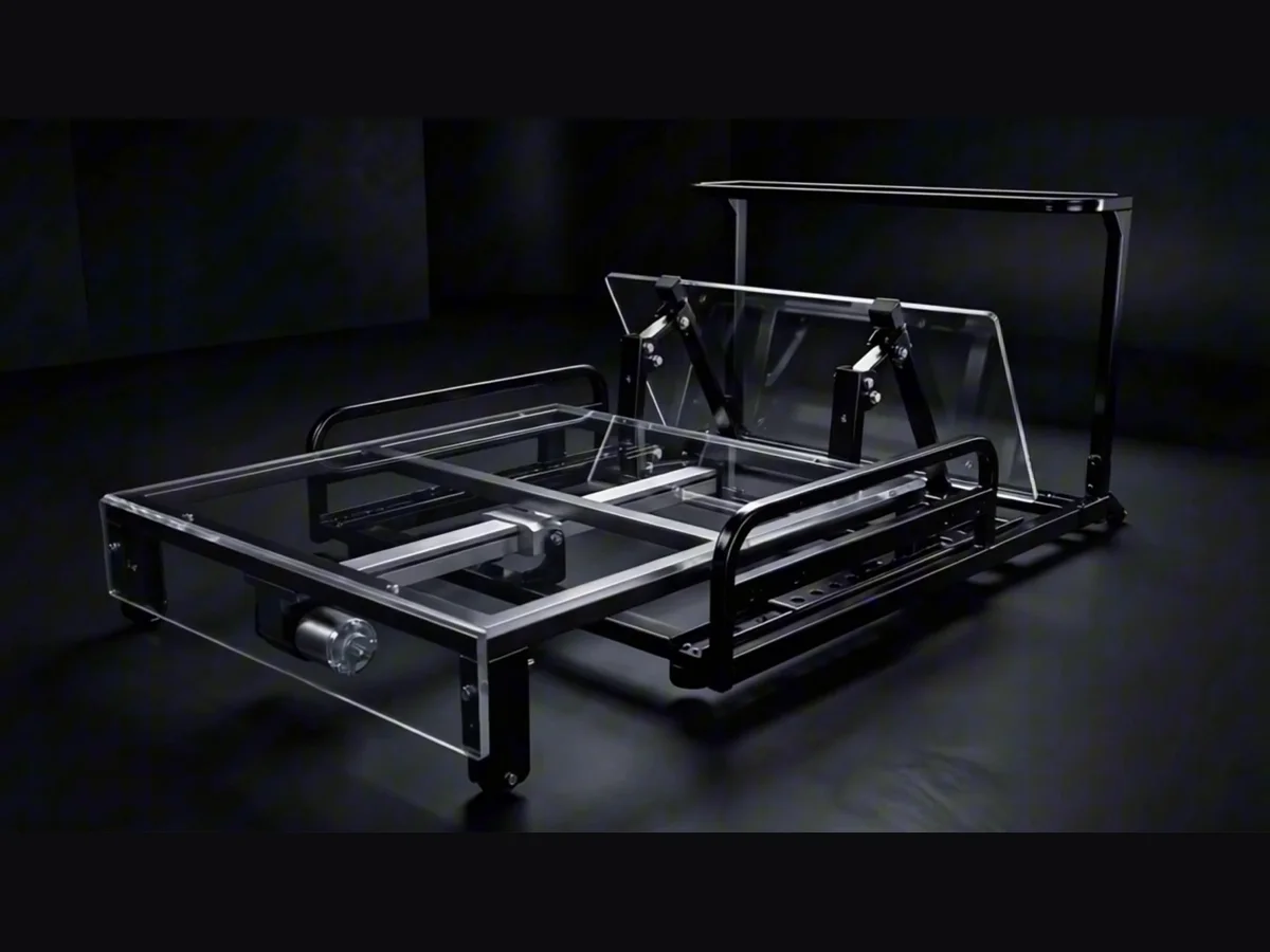 The steel sofa chassis with its upholstery panels shown transparent, revealing the seat frame, slide rails, drive motor and casters.