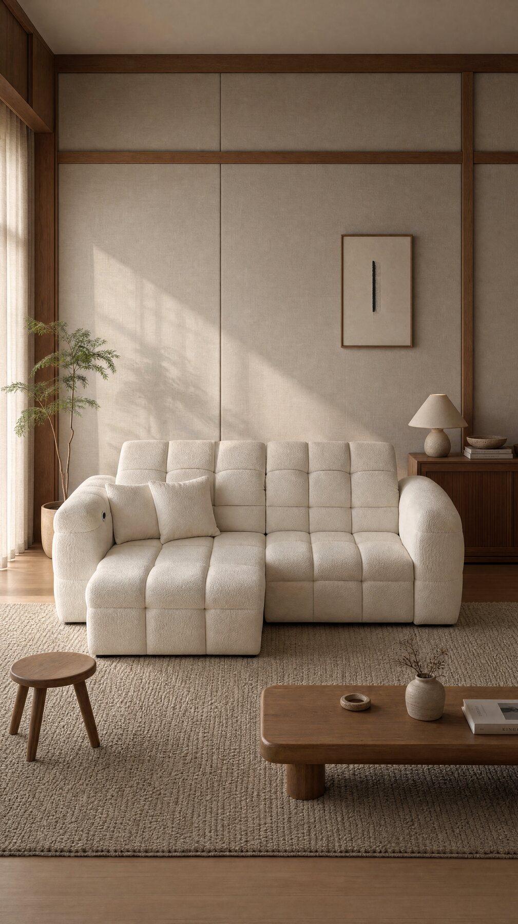 A cream boucl&eacute; sofa in a quiet, sunlit room with timber panelling and a woven rug.