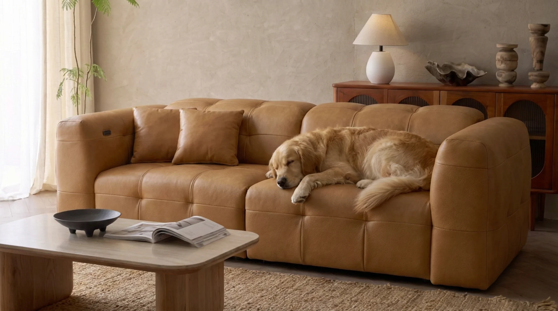 Golden retriever asleep on the Son&Bear Klara sofa in Eco-Tex leather